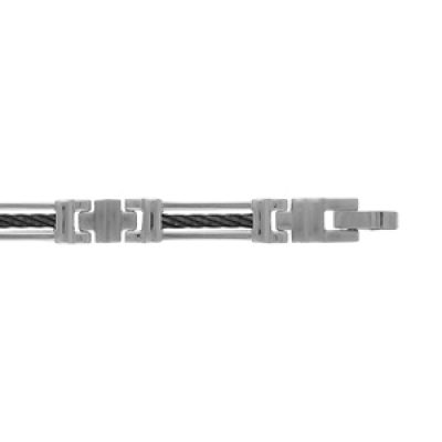 Bracelet en acier alternance de longs maillons ajourés et ornés d'1 câble noir et petits éléments en forme de croix - longueur 20