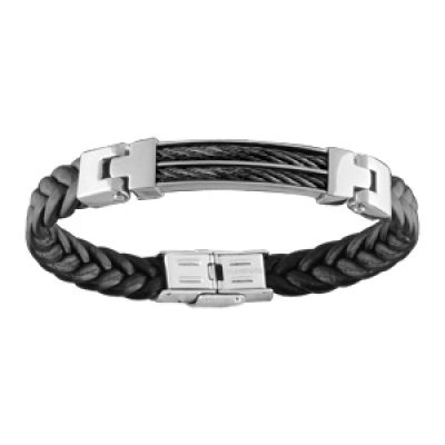 Bracelet en cuir noir tressé avec élément en acier orné de 2 câbles noirs au milieu - longueur 21cm réglable
