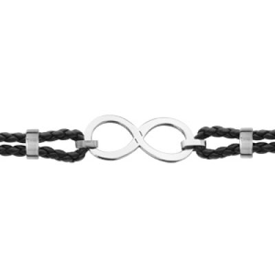 Bracelet en simili-cuir noir tresse doublée avec symbole infini en acier au milieu - longueur 19cm + 3cm