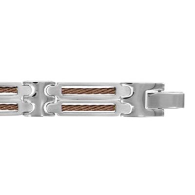 Bracelet en acier maillons ornés de 2 câble marrons séparés - longueur 20