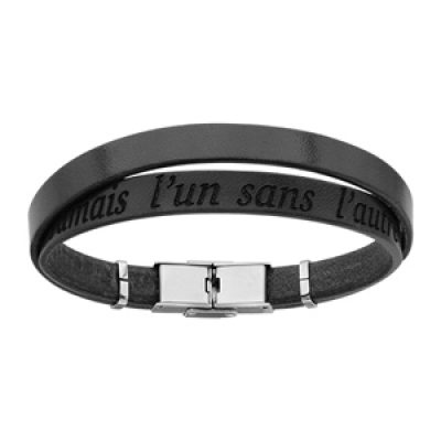 Bracelet en cuir noir et acier 2 tours avec message caché "Jamais l'un sans l'autre" - longueur 20cm réglable