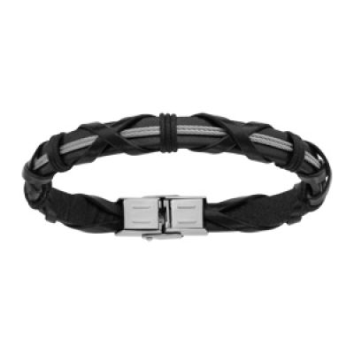 Bracelet en cuir noir avec lannières croisées et 2 câbles en acier - longueur 21cm