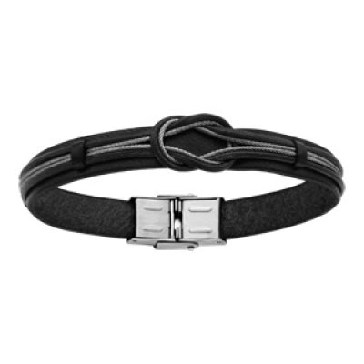Bracelet en cuir noir avec petit câble en acier formant un noeud - longueur 20cm