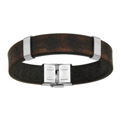 Bracelet en cuir de buffle marron aspect vieilli avec éléments et fermoir en acier - longueur 20cm