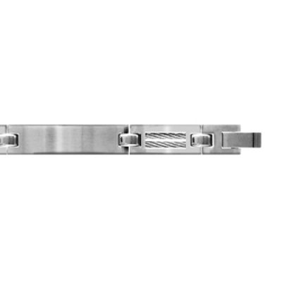 Bracelet en acier finition satinée 3 longs maillons lisses alternés de maillons plus petits et ornés de 2 câbles gris - longueur 18