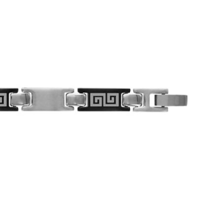 Bracelet en acier alternance de maillons gris et en PVD noir avec gravure de méandres grecs - longueur 21cm réglable