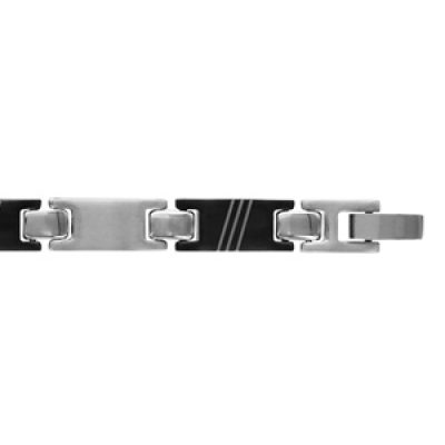 Bracelet en acier alternance de maillons gris et en PVD noir avec gravure de 3 stries en biais - longueur 21cm réglable
