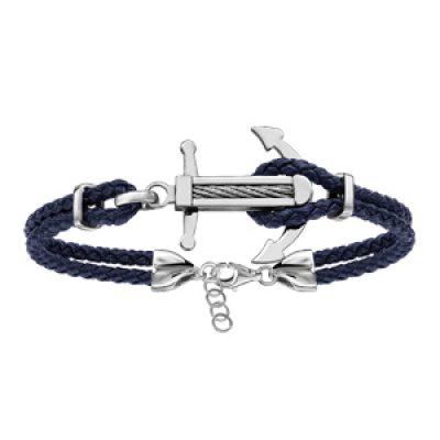 Bracelet en acier cordon en cuir bleu doublé avec ancre marine ornée d'un câble gris au milieu - longueur 19cm + 3cm de rallonge