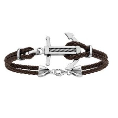 Bracelet en acier cordon en cuir marron doublé avec ancre marine ornée d'un câble gris au milieu - longueur 19cm + 3cm de rallonge