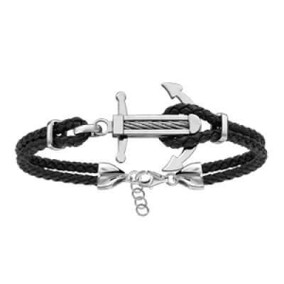 Bracelet en acier cordon en cuir noir doublé avec ancre marine ornée d'un câble gris au milieu - longueur 19cm + 3cm de rallonge