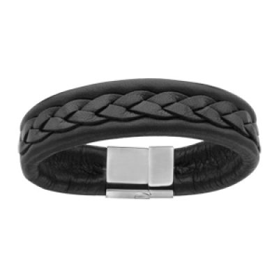 Bracelet en cuir noir large avec tress au dessus et fermoir en acier - longueur 21