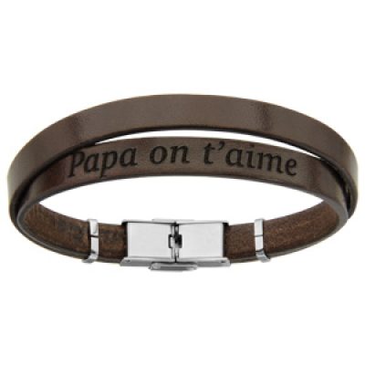 Bracelet en cuir marron et acier 2 tours avec message caché "Papa on t'aime" - longueur 20cm réglable
