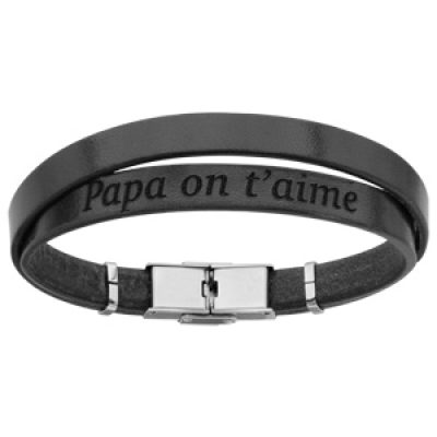 Bracelet en cuir noir et acier 2 tours avec message caché "Papa on t'aime" - longueur 20cm réglable