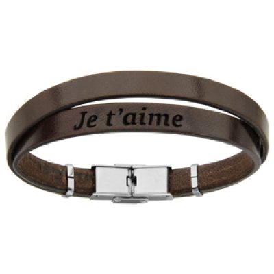 Bracelet en cuir marron et acier 2 tours avec message caché "Je t'aime" - longueur 20cm réglable