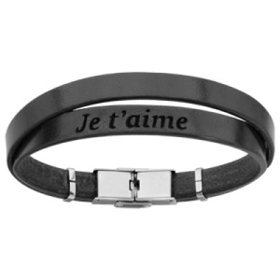Bracelet en cuir noir et acier 2 tours avec message caché "Je t'aime" - longueur 20cm réglable