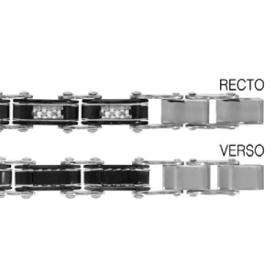 Bracelet réversible en acier 1 côté en PVD noir aux bords avec filet gris et centre quadrillé et l'autre côté en PVD noir avec filets gris - longueur 19+1cm réglable