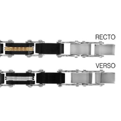 Bracelet réversible en acier 1 côté alternance de maillons en PVD noir et maillons avec bords noirs et PVD jaune au milieu et l'autre côté maillons en PVD noir et maillons avec bords noirs et milieu gris - longueur 19+1cm réglable