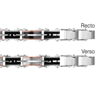 Bracelet réversible en acier 1 côté alternance de maillons en PVD rose et PVD noire et maillons gris et noirs et l'autre côté alternance de maillons roses et gris et maillons noirs et gris - longueur 19.5+1.5cm réglable