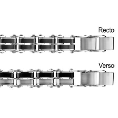 Bracelet réversible en acier 1 côté maillons en 2 bandes de PVD noir avec bords gris et l'autre côté maillons avec une bande grise et l'autre en PVD noir - longueur 20.5+1cm réglable