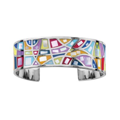Bracelet Stella Mia rigide en acier motifs géométriques et couleurs pastel avec nacre blanche véritable - diamètre 59mm