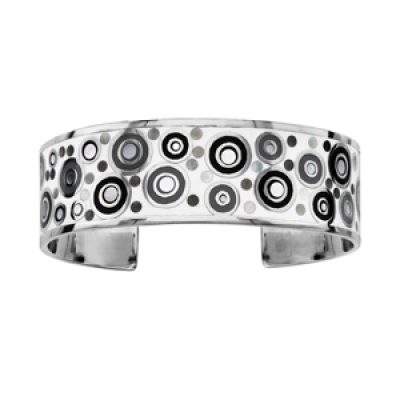 Bracelet Stella Mia rigide en acier motifs spirales et noir et blanc avec nacre blanche véritable - diamètre 59mm
