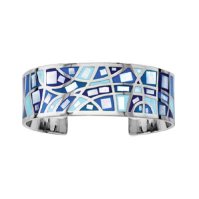 Bracelet Stella Mia rigide en acier motifs géométriques et dégradé de bleu avec nacre blanche véritable - diamètre 59mm