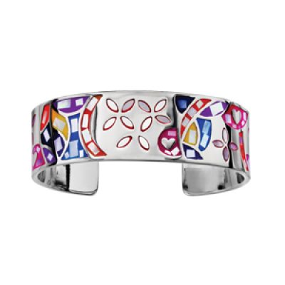Bracelet Stella Mia rigide en acier motif fleur et multicolore avec nacre blanche véritable - diamètre 59mm