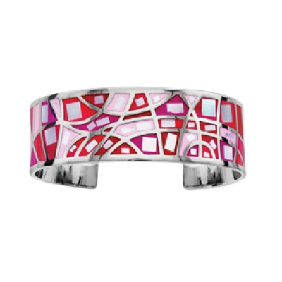 Bracelet Stella Mia rigide en acier motifs et dégradé de rouge et rose avec nacre blanche véritable - diamètre 59mm