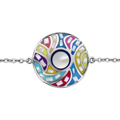 Bracelet Stella Mia en acier chaîne avec au milieu rond avec coeur en nacre blanche véritable et formes arrondies couleur pastel autour - longueur 16cm + 3cm de rallonge