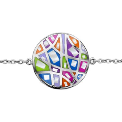 Bracelet Stella Mia en acier chaîne avec au milieu rond avec motifs géométriques et couleurs pastel avec nacre blanche véritable - longueur 16cm + 3cm de rallonge