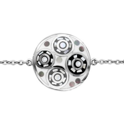 Bracelet Stella Mia en acier chaîne avec au milieu rond avec motifs spirales et noir et blanc et nacre blanche véritable 16cm + 3cm de rallonge