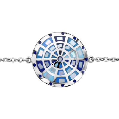 Bracelet Stella Mia en acier chaîne avec au milieu rond avec motifs cible et dégradé de bleu et nacre blanche véritable - longueur 16cm + 3cm de rallonge