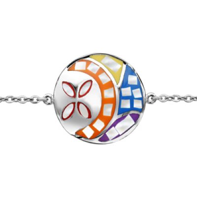 Bracelet Stella Mia en acier chaîne avec au milieu rond avec motif fleur et multicolore et nacre blanche véritable 16cm + 3cm de rallonge