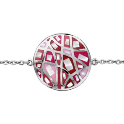 Bracelet Stella Mia en acier chaîne avec au milieu rond avec motifs et dégradé de rouge et rose et nacre blanche 16cm + 3cm de rallonge