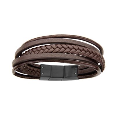 Bracelet en acier et cuir marron multifils double fermoir 23-24cm