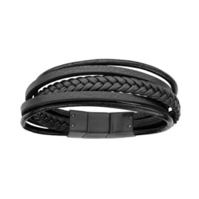 Bracelet en acier et cuir noir multifils double fermoir 23-24cm