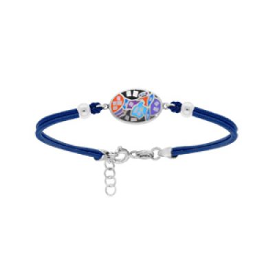 Bracelet Stella Mia en acier cordon bleu marine et pastille ovale avec visage multi couleurs et Nacre  16+3cm