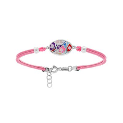 Bracelet Stella Mia en acier cordon rose et pastille ovale avec visage multi couleurs 16+3cm
