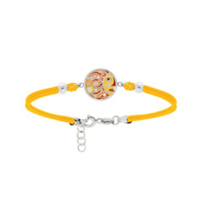 Bracelet Stella Mia en acier cordon jaune avec pastille ronde motif soleil jaune orangé avec Nacre  16+3cm