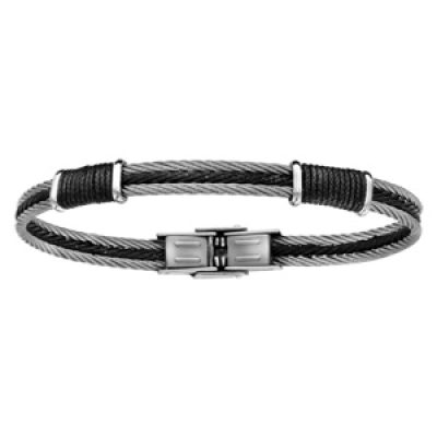 Bracelet en acier 3 câbles 2 gris et 1 noir au milieu et entourés à 2 endroits de câbles noirs plus petits - longueur 20cm