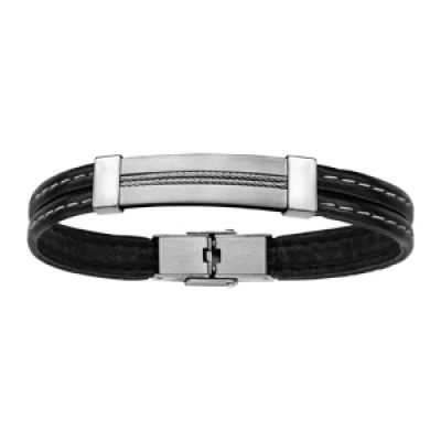 Bracelet en cuir noir avec coutures et plaque d'identité en acier agrémentée de 2 câbles - longueur 20cm réglable
