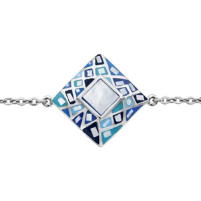 Bracelet Stella Mia en acier chaîne avec au milieu carré avec motifs en dégradés de bleu et nacre blanche véritable - longueur 16cm + 3cm de rallonge