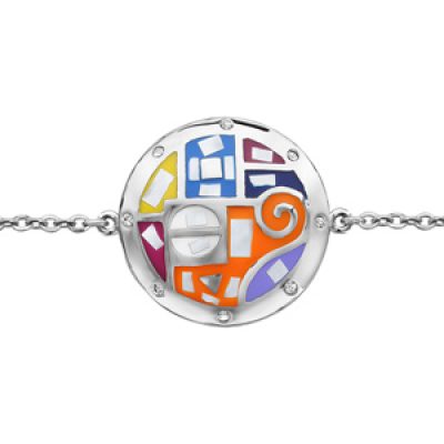 Bracelet Stella Mia en acier chaîne avec au milieu rond avec motifs spirales et formes multicolores et nacre blanche véritable - longueur 16cm + 3cm de rallonge