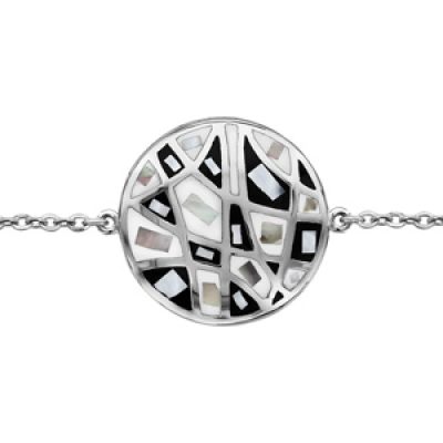 Bracelet Stella Mia en acier chaîne avec au milieu rond avec motifs géométriques et noir et blanc et nacre blanche véritable - longueur 16cm + 3cm de rallonge
