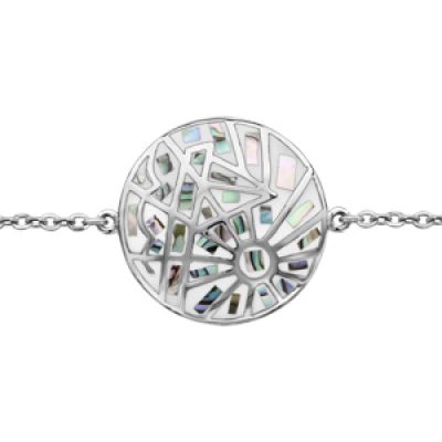 Bracelet Stella Mia en acier chaîne avec au milieu rond avec motifs géométriques blanc et en nacre blanche véritable - longueur 16cm + 3cm de rallonge