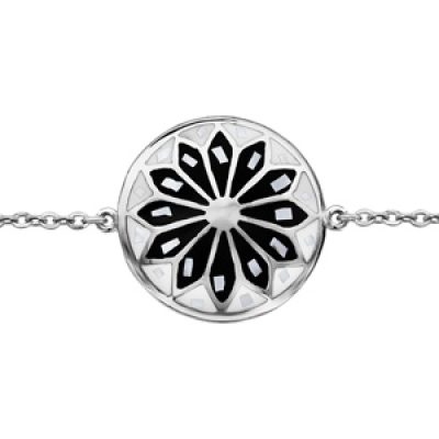 Bracelet Stella Mia en acier chaîne avec au milieu rond avec motif fleur et noir et blanc et nacre blanche véritable - 16cm + 3cm de rallonge