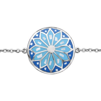 Bracelet Stella Mia en acier chaîne avec au milieu rond avec motif fleur et dégradé de bleu et nacre blanche véritable- longueur 16cm+ 3cm de rallonge