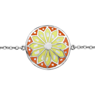 Bracelet Stella Mia en acier chaîne avec au milieu rond avec motif fleur et dégradé de jaune et orange et nacre blanche véritable - longueur 16cm + 3cm de rallonge