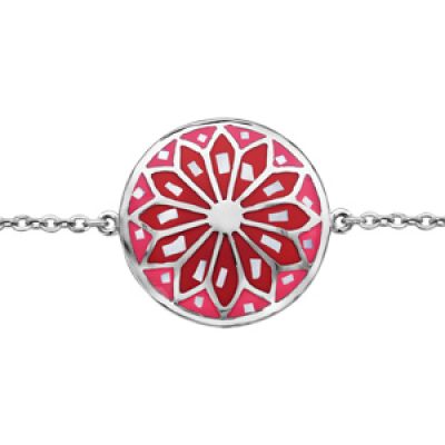 Bracelet Stella Mia en acier chaîne avec au milieu rond avec motif fleur et dégradé de rouge et rose et nacre blanche véritable - longueur 16cm + 3cm de rallonge