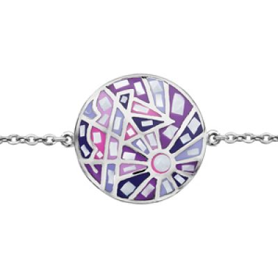Bracelet Stella Mia en acier chaîne avec au milieu rond avec motifs géométriques et dégradé de rose et violet et nacre blanche véritable - longueur 16cm + 3cm de rallonge